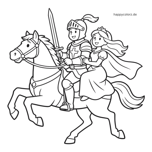 Ein Ritter in Rüstung und eine Prinzessin reiten gemeinsam auf einem galoppierenden Pferd, der Ritter hält ein erhobenes Schwert.
