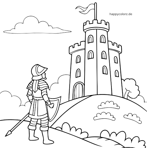 Ein Ritter in Seitenansicht mit Schild und Speer steht auf einem Hügel vor einem hohen Burgturm mit Fahne.