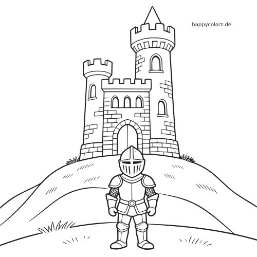 Ein Ritter in Rüstung steht von vorn auf einem Hügel vor einem hohen Steinschloss mit zwei Türmen und einfachen Linien.