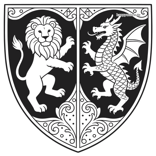 Ein detailreicher Wappenschild zeigt links einen Löwen und rechts einen Drachen, umrahmt von ornamentalen Verzierungen.
