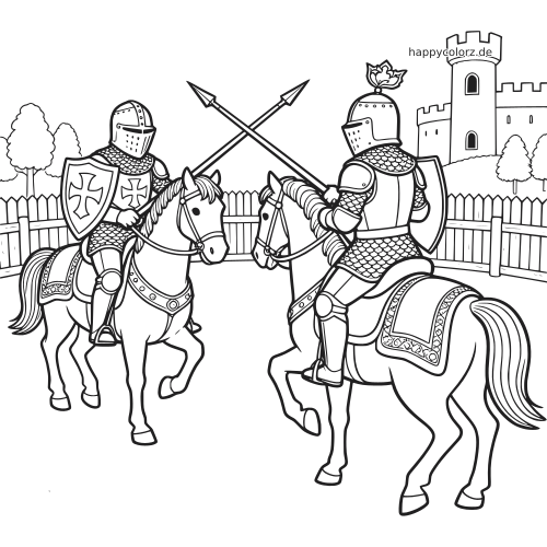 Zwei gepanzerte Ritter auf Pferden stehen sich mit gekreuzten Lanzen bei einem Turnier vor einem Schloss gegenüber.