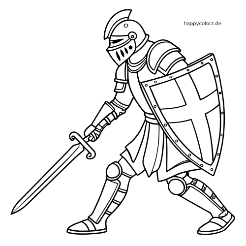 Schwarz-weiße Linienzeichnung eines detailreichen Ritters in Rüstung mit Helm, Schwert und großem Schild mit Kreuz.
