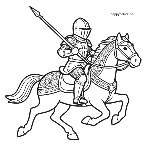 Ein detailreicher Ritter in Rüstung reitet auf einem geschmückten Pferd und hält eine erhobene Lanze in der Hand.