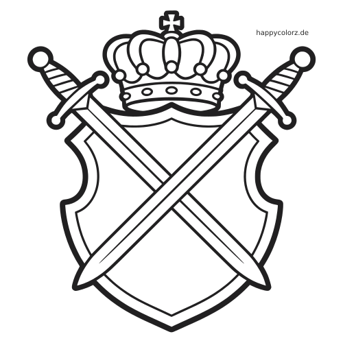 Schwarz-weißes einfaches Wappen mit leerem Schild, zwei gekreuzten Schwertern und einer großen Krone darüber.