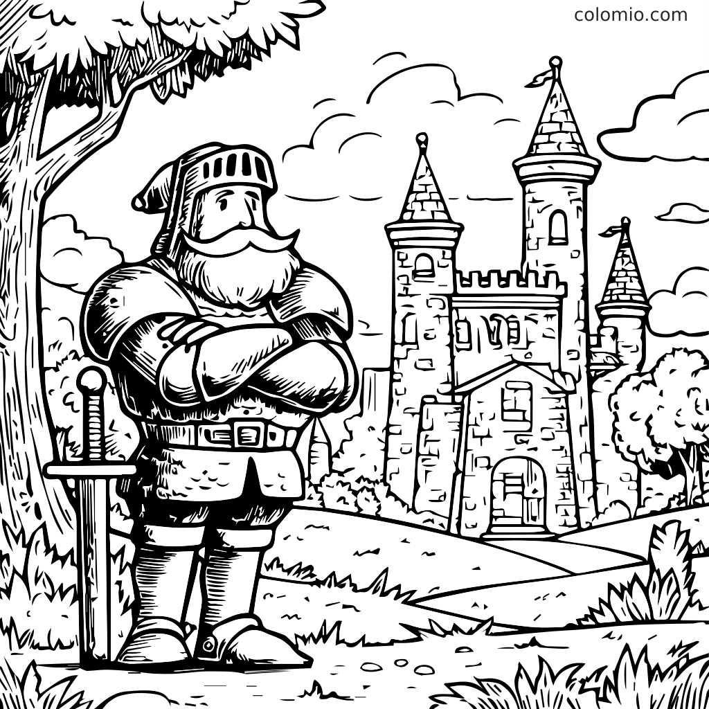 Ritter stolz vor einer Burg Malvorlage Eine Malvorlage mit einem Ritter mit Schwert, der vor einer Burg und Bäumen steht, bereit für Abenteuer.
