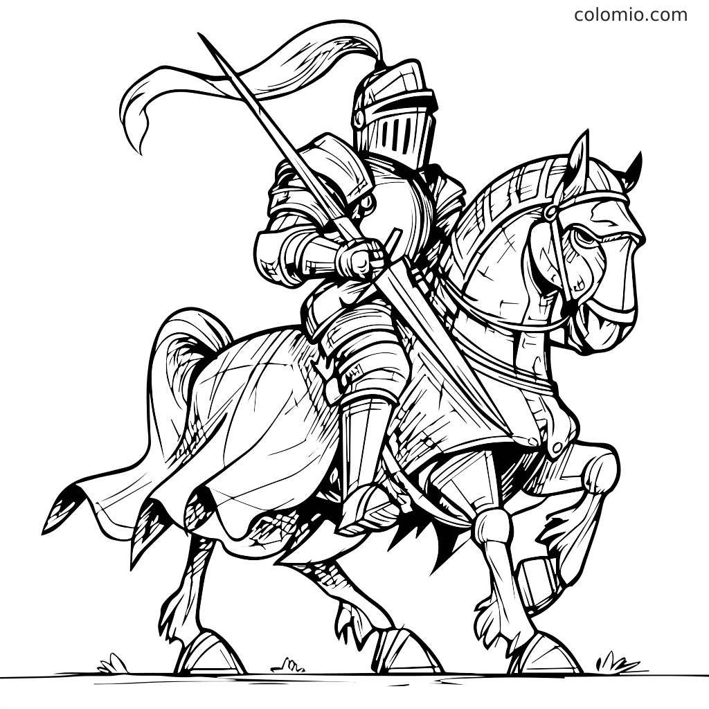 Ritter zu Pferd Malvorlage für Kinder Ein Ritter in Rüstung, der auf einem Pferd reitet und eine Lanze hält, bereit für Abenteuer. Eine lustige Malvorlage für Kinder.
