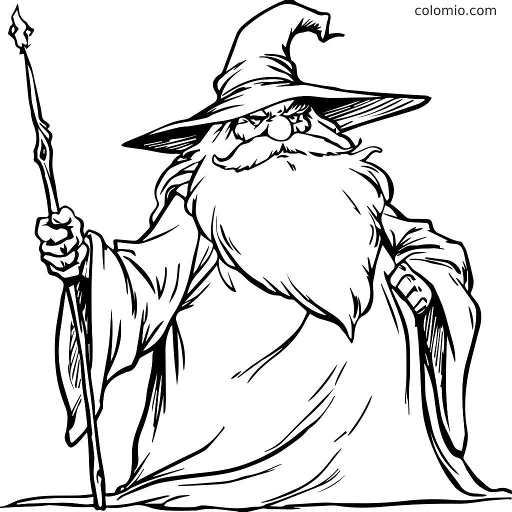 Eine detaillierte Linienzeichnung eines Zauberers mit einem Stab, perfekt für Malaktivitäten.