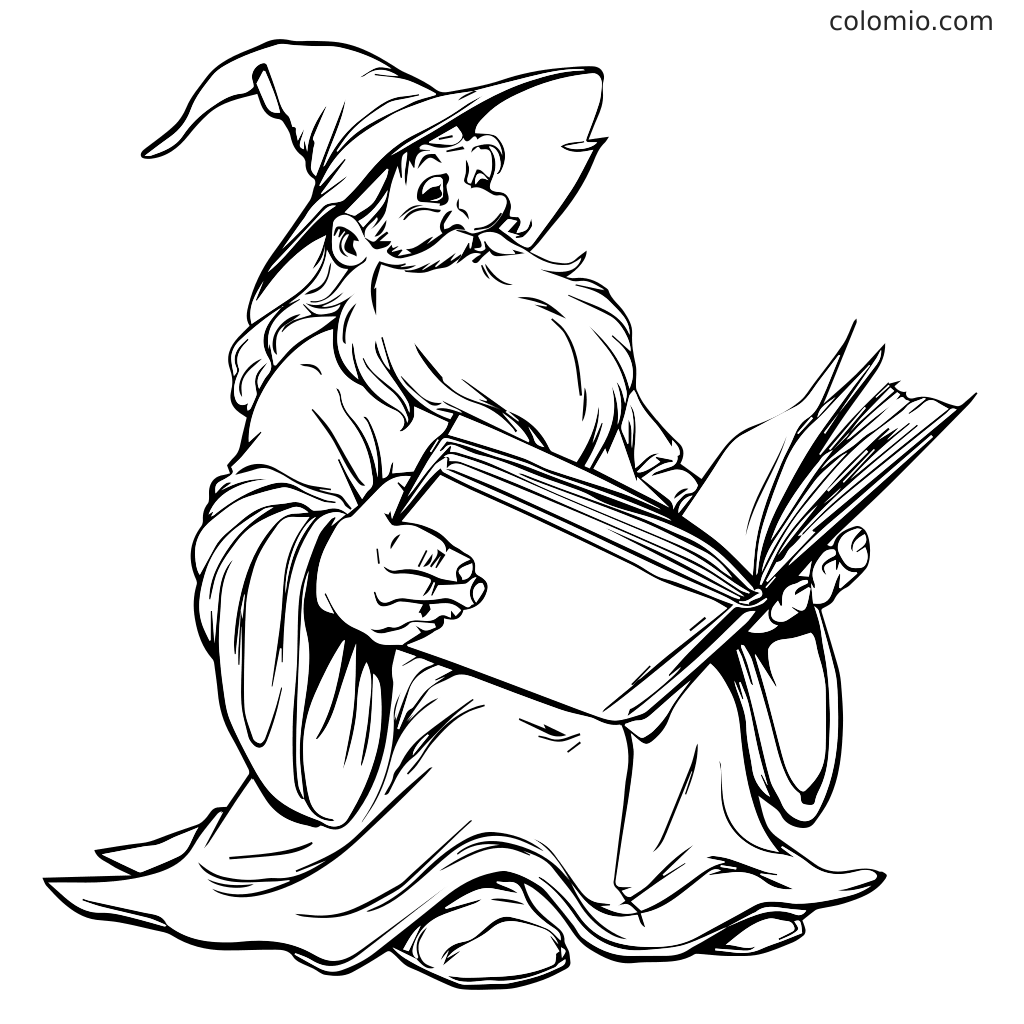 Ein Zauberer mit langem Bart und Hut, der ein großes Buch liest, zum Ausmalen gestaltet.