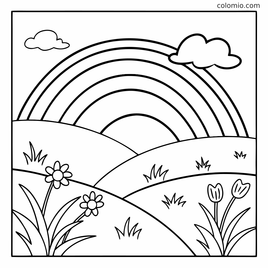 Ein Regenbogen spannt sich über sanfte Hügel mit Wolken, Gras, Gänseblümchen und Tulpen in einer einfachen Landschaft zum Ausmalen.