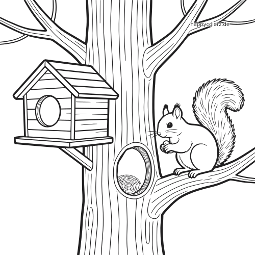 Schwarz-weiße Nahaufnahme eines Baums mit einem Eichhörnchen auf einem Ast, einem Vogelhaus und einer Baumhöhle im Stamm.