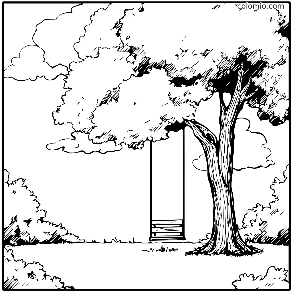 Eine schwarz-weiße Umrisszeichnung einer Schaukel, die von einem Baum in einem grasbewachsenen Bereich hängt, mit Wolken im Hintergrund.