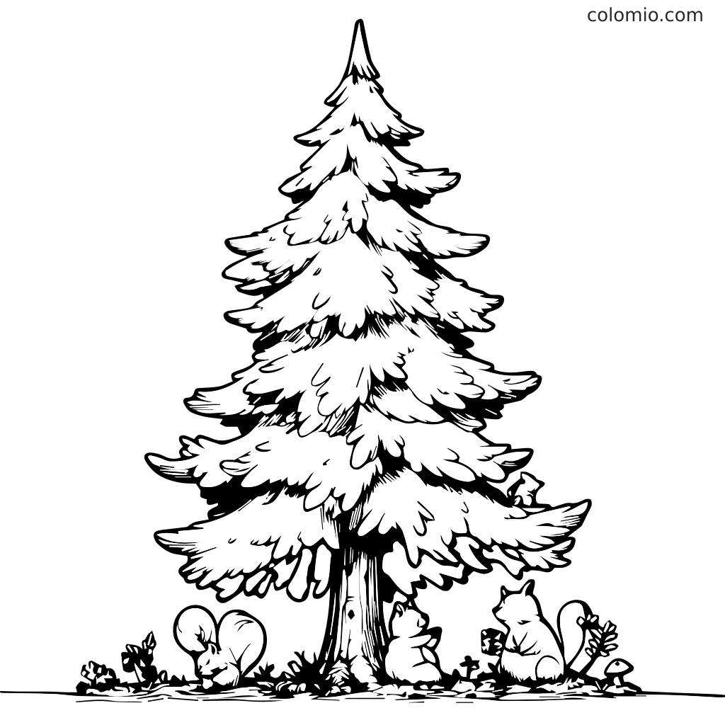 Ein Ausmalbild mit einem hohen Baum, umgeben von niedlichen Tieren wie Eichhörnchen und Mäusen, perfekt für Kinder.