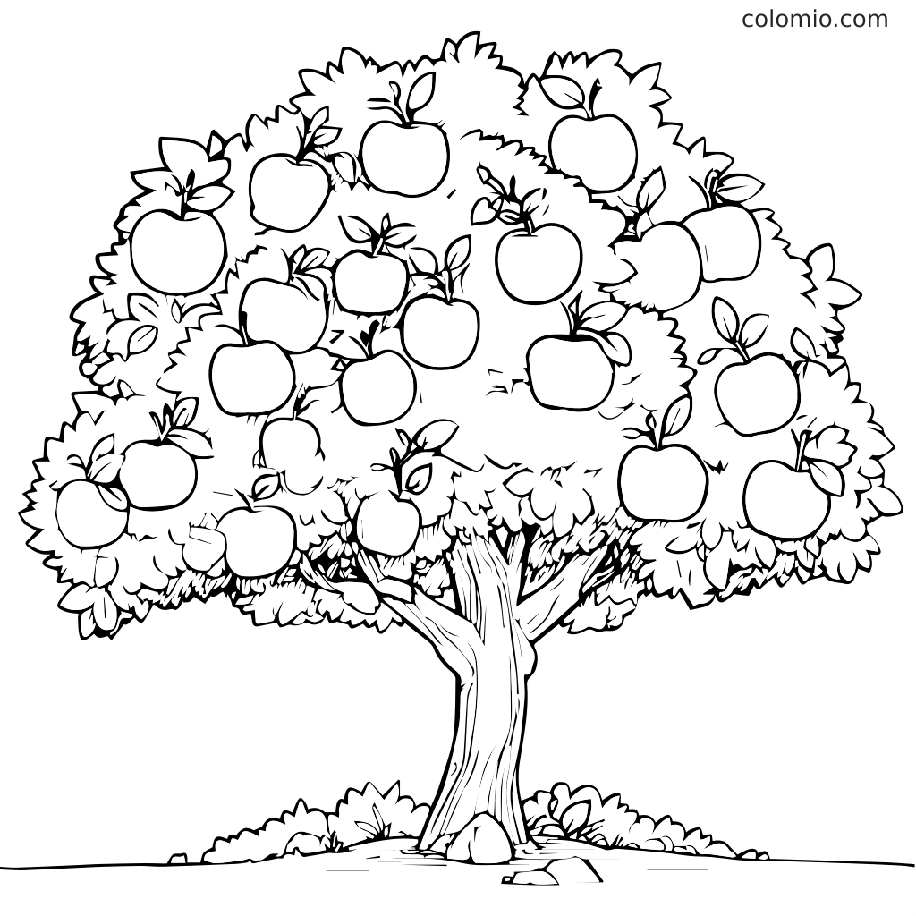 Ein Schwarz-Weiß-Ausmalbild mit einem großen Apfelbaum, vielen Äpfeln und einem stabilen Stamm.