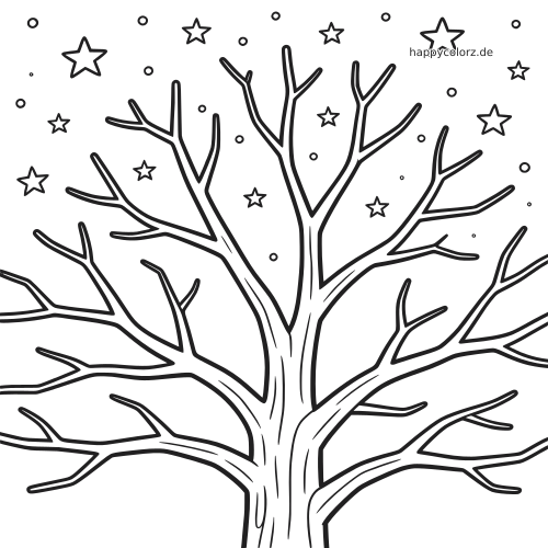 Ein kahler Winterbaum mit vielen blattlosen Ästen ragt nach oben unter einem Himmel mit Sternen und kleinen Punkten.