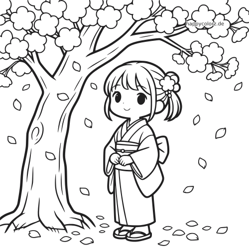 Ein Mädchen im Kimono steht unter einem Kirschblütenbaum, während Blütenblätter in einfachem Comicstil um sie herum fallen.