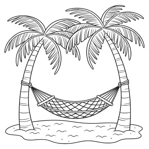 Schwarz-weiße Linienzeichnung von zwei Palmen am Strand mit einer Hängematte, die zwischen den Stämmen befestigt ist.