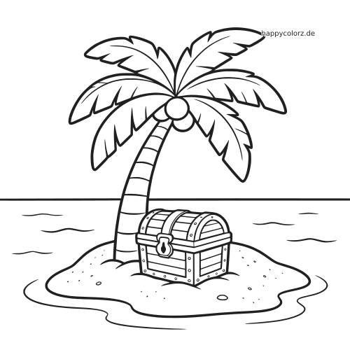 Schwarz-weiße Zeichnung einer Palme auf einer kleinen Insel mit einer Schatztruhe am Strand und Wasser im Hintergrund.