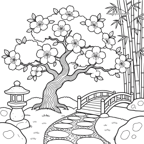 Ein detailreicher Kirschblütenbaum in einem Japanischen Garten mit geschwungener Brücke, Steinlaterne, Bambus und Trittsteinpfad.