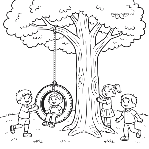 Schwarz-weiße Szene mit einer großen Eiche, einer Reifenschaukel und vier Kindern, die um den Baum spielen.