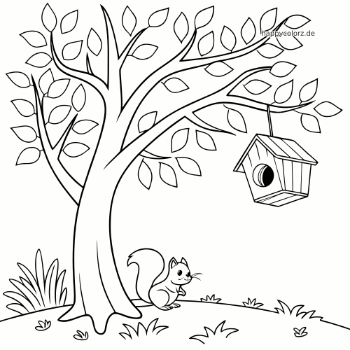 Schwarz-weißes Ausmalbild mit einem großen Baum, vielen Blättern, einem kleinen Eichhörnchen am Stamm und einem hängenden Vogelhaus.
