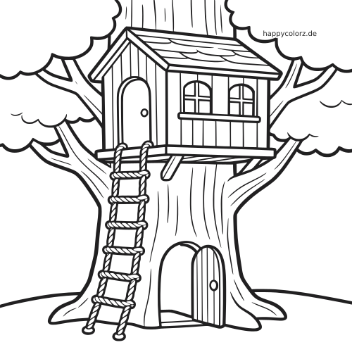 Schwarz-weißes einfaches Baumhaus in einem großen Baum mit Strickleiter, kleinem Häuschen oben und einer Tür im Stamm.