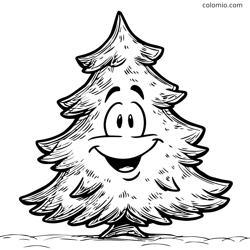 Ein fröhlicher Cartoon-Baum mit einem lächelnden Gesicht, perfekt zum Ausmalen für Kinder.