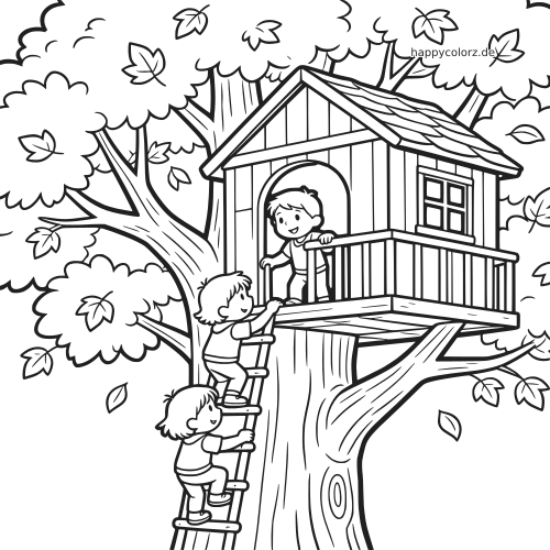 Schwarz-weißes Ausmalbild mit einem Baumhaus im Herbst, zwei Kinder klettern die Leiter hinauf und ein Kind steht auf der Veranda.