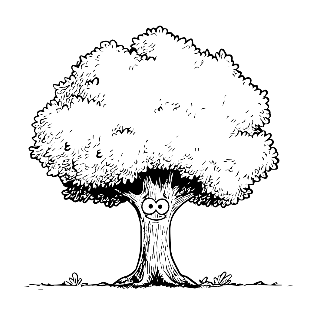 Ein fröhlicher Cartoonbaum mit einem lächelnden Gesicht und flauschigen Blättern, perfekt zum Ausmalen für Kinder.