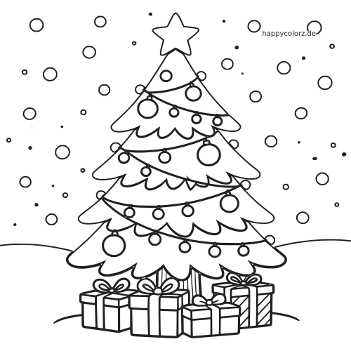 Ein geschmückter Weihnachtsbaum mit Stern, Kugeln, fallendem Schnee und mehreren Geschenken darunter in einfacher Umrisszeichnung.
