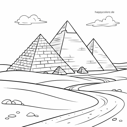 Ausmalbild mit ägyptischen Pyramiden in einer Wüstenlandschaft mit Sanddünen, einem gewundenen Weg, Felsen und Wolken.