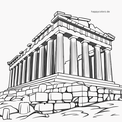 Ausmalbild der Akropolis mit dem Parthenon, mit hohen Säulen, einem dreieckigen Dach und großen Steinblöcken am Sockel.