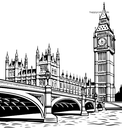 Schwarz-weiße Ausmalseite mit Big Ben neben dem Palace of Westminster und der Westminster Bridge über dem Fluss.