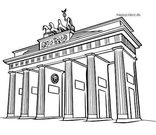Ausmalbild als Strichzeichnung des Brandenburger Tors mit hohen Säulen, Dachdetails und der Quadriga oben.