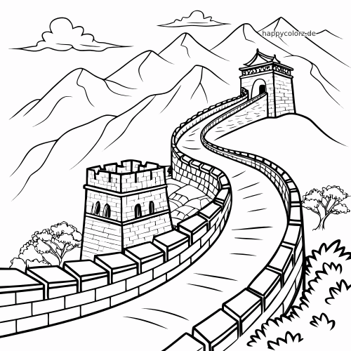 Vorlage zum Ausmalen der Chinesischen Mauer, die sich mit Wachtürmen, Wolken und Bäumen durch Berggipfel windet.