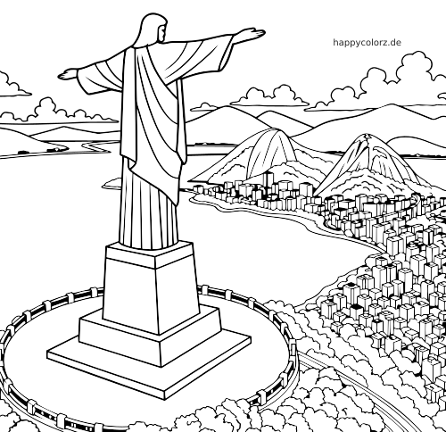 Strichzeichnung zum Ausmalen der Christusstatue auf einem Sockel über Rio de Janeiro mit Bergen und Stadtgebäuden.