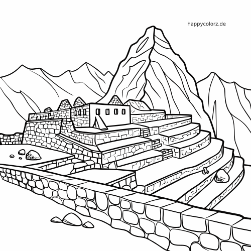 Malvorlage zum Ausmalen der Ruinen von Machu Picchu mit Steinterrassen und Gebäuden vor hohen Berggipfeln.