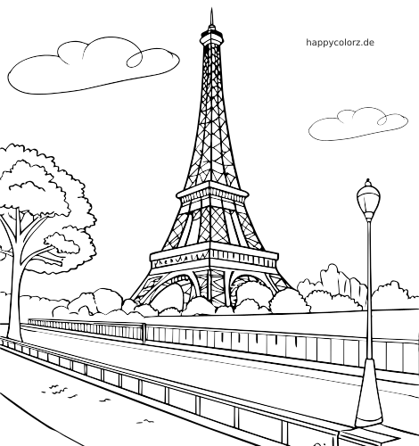 Strichzeichnung zum Ausmalen des Eiffelturms neben einer Straße mit Bäumen, Büschen, Wolken und einer hohen Straßenlaterne.