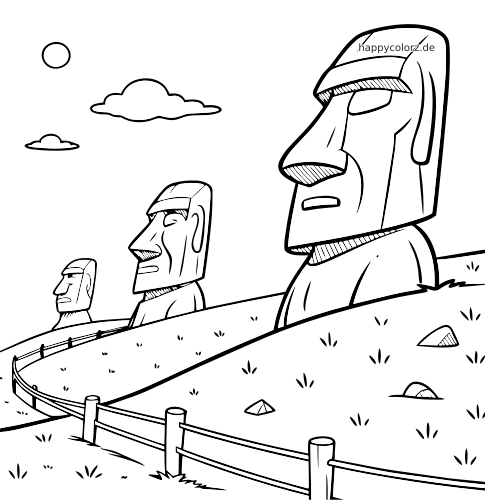 Ausmalbild als Linienzeichnung mit drei Moai-Statuen auf einem Hügel, mit Zaun, Wolken und verstreuten Felsen.