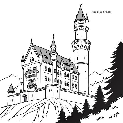 Eine detailreiche Ausmalseite mit Schloss Neuschwanstein in Bayern, hohen Türmen, Rundbogenfenstern, Berggipfeln und Tannen.