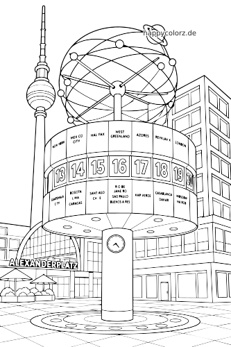 Malvorlage der Weltzeituhr am Alexanderplatz mit Städtenamen, großer Kugelskulptur, Fernsehturm und Gebäuden in Berlin.
