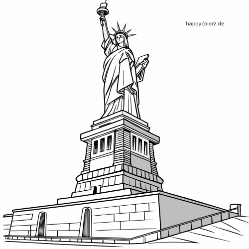 Ausmalbild als Strichzeichnung der Freiheitsstatue auf ihrem Sockel, mit hoch erhobener Fackel und einer Tafel in der Hand.