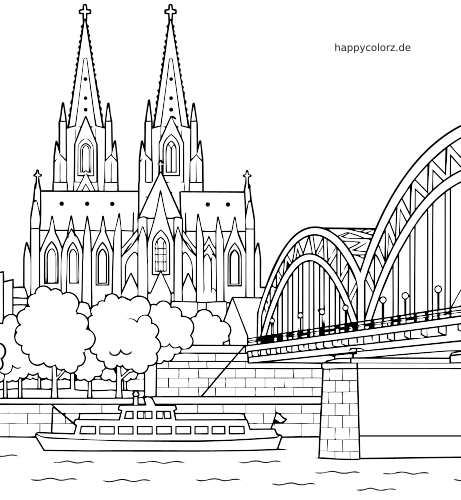 Ausmalbild mit dem Kölner Dom neben der Hohenzollernbrücke über dem Rhein, mit Bäumen, Ufermauer und einem Boot darunter.