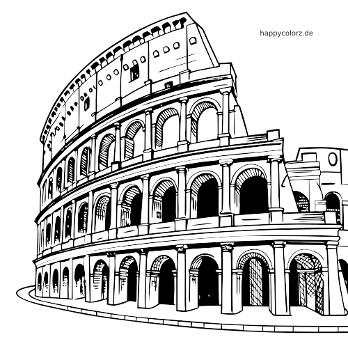 Schwarz-weiße Ausmalseite des Kolosseums mit seinen gebogenen Außenwänden, Bögen, Säulen und mehreren Ebenen.