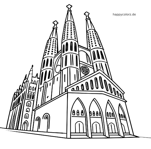 Ausmalbild der Sagrada Família von unten gesehen, mit drei hohen Türmen, Rundbogenfenstern und detaillierten Fassadenlinien.