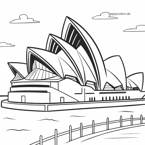 Ausmalbild des Sydney Opera House mit seinen segelförmigen Dachschalen, Wasser davor und einem geschwungenen Weg.