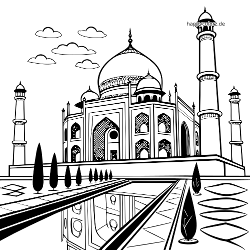 Ausmalbild des Taj Mahal mit seiner großen zentralen Kuppel, hohen Minaretten, Wolken, Bäumen und einem Spiegelbecken davor.