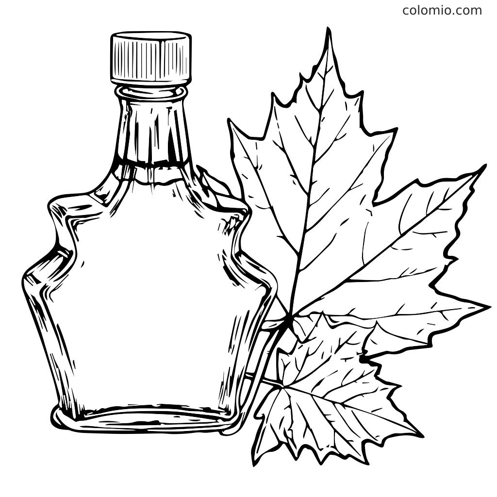 Linienzeichnung einer Ahornsirupflasche neben Ahornblättern zum Ausmalen.