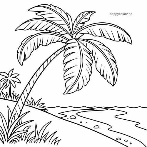Schwarz-weiße Linienzeichnung einer schrägen Palme mit großen Blättern an einem tropischen Strand direkt am Ufer.
