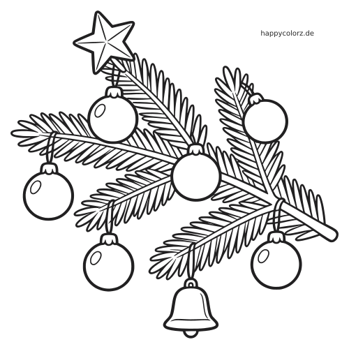 Schwarz-weißer Tannenzweig mit mehreren Christbaumkugeln, einem Stern an der Spitze und einer Glocke als einfache Umrisszeichnung.