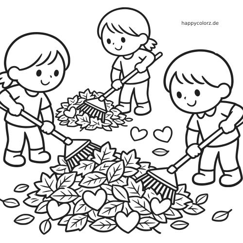 Drei Kinder harken Herbstblätter zu großen Laubhaufen zusammen. Zwischen den Blättern sind auch herzförmige Blätter zu sehen.
